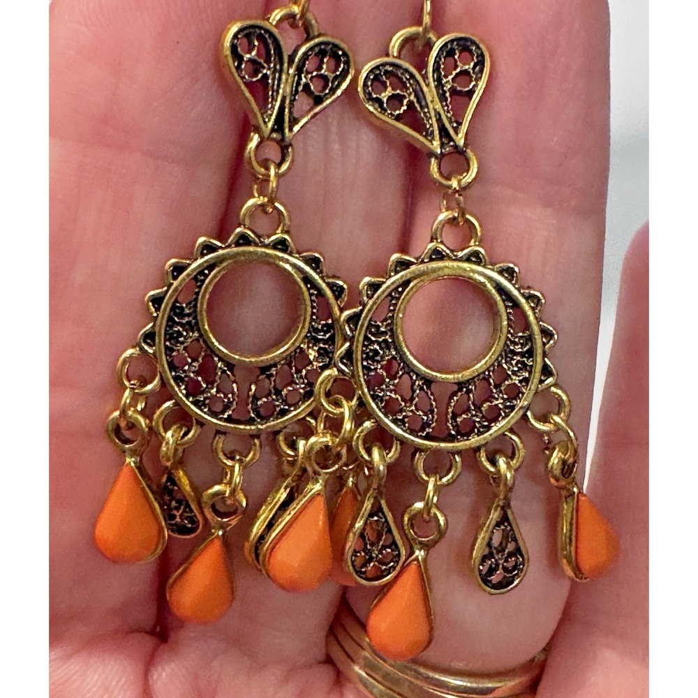 Pierced Gold Tone Filigree Beaded Chandelier Dangle Earrings Boho Bollywood